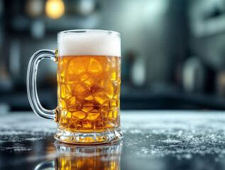 Close up of a chilled beer mug covered in condensation, placed on a reflective surface with a blurred background and copy space.