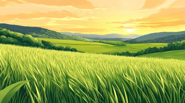 Lush green field at golden hour sunset over rolling hills.