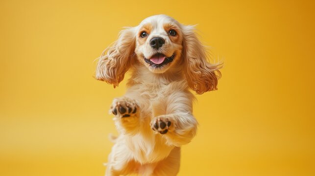Happy cocker spaniel puppy jumping against yellow background