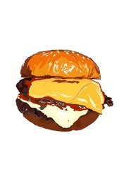 Hand drawn illustration of burger, double beef or chicken patty, melted cheese,