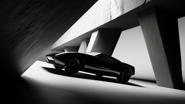 Black luxury vintage sports car in brutalist architectural setting with high contrast lighting