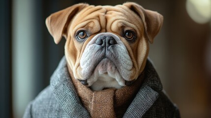 Bulldog in stylish coat and scarf looking alert in natural light