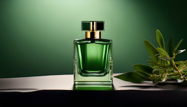 bottle of perfume on green background