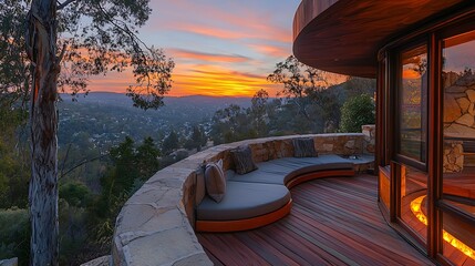 Fototapeta premium Stunning Sunset View from Modern Deck with Curved Stone Bench and Fire Pit