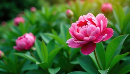 Obraz premium Green leaves with peony flowers in background, nature, garden