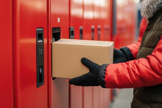 Courier places box into smart delivery locker in urban setting Generative AI