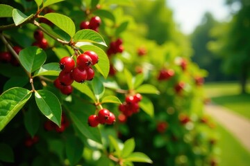 Green shrub with bright red rowan berries and flowers in a sunny garden, landscape, tree, flowers