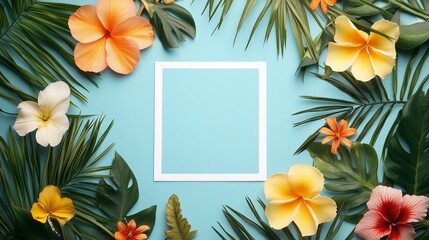 Floral frame summer tropical background.  Perfect for invitations. AI generated