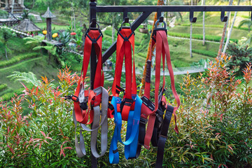 Colorful safety harnesses hang on a metal rack against lush tropical greenery and rice terraces, suggesting an adventure park setting.