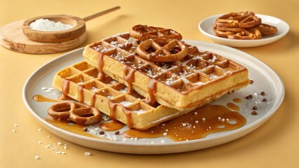 Two large, golden waffles topped with a drizzle of salted caramel sauce and a sprinkle of crushed pretzel pieces.