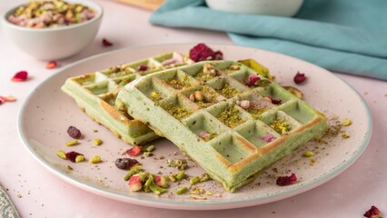 A pair of medium-sized waffles with a light green hue, infused with pistachio and topped with a rosewater glaze.