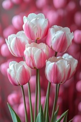 Fototapeta premium Pink and white tulips with delicate flowers on a vibrant pink background