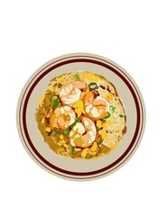 Hand drawn illustration of fried rice with shrimp or prawn and vegetables.