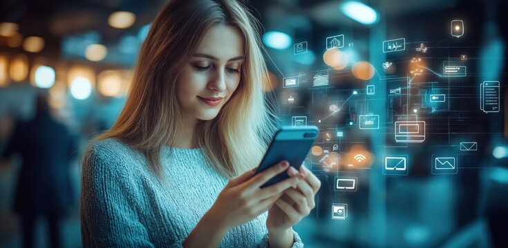 Smiling young woman using her smartphone, surrounded by futuristic digital icons and a holographic interface, representing technology, connectivity, and social media.  
