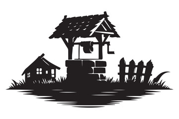 Fototapeta premium Vintage Water Well and Small House Silhouette Vector Design