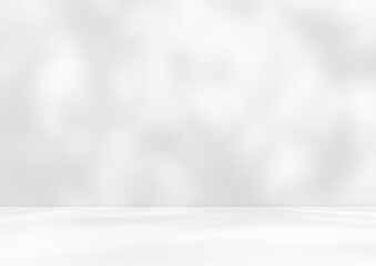 Empty white room studio with leaves shadow overlay effect for product presentation display. Cosmetic beauty fashion showroom. Morning sunlight through the window. Minimal Mock up interior background.