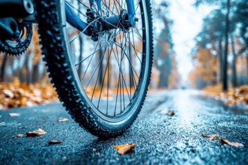 Bicycle with a flat tire on a rainy road surrounded by autumn leaves Generative AI