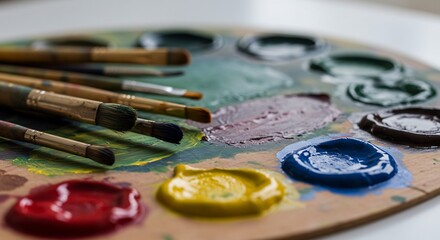 Obraz premium Vibrant paint palette with brushes ready. AI Generated