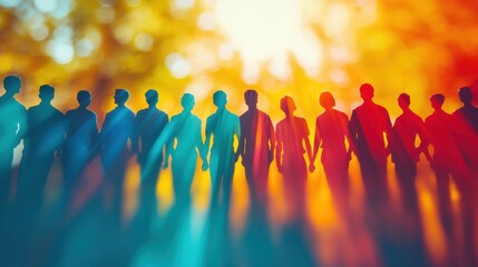 Diverse silhouettes holding hands in vibrant sunset background