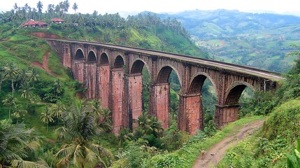 Ancient Railway Bridge Surrounded by Lush Green Mountains and Palm Trees