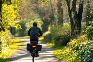 Obraz premium Delivery biker navigates park shortcut during sunny day Generative AI