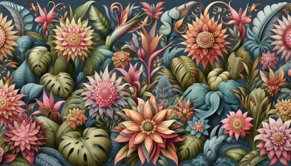 Features exotic flowers and foliage designs