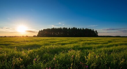Fototapeta premium Serene Sunset over Lush Green Field. AI Generated