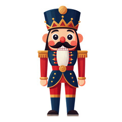 colorful nutcracker soldier with cheerful expression, wearing blue and red uniform with gold accents and tall hat, stands upright. design is festive and traditional, often associated with holiday