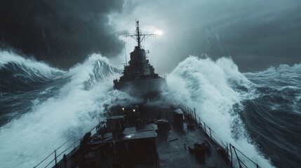 Mighty Warship Braving a Stormy Ocean