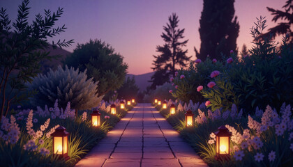  Illuminated garden pathway at twilight with lanterns, gardening, floriculture, flower seeds, floristry, gardening,