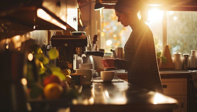 Smart barista making cup of coffee in peaceful indoor scene. Brewing mug of hot drink for drinking in break time express aroma inside warm atmosphere kitchen perfect for beverage advertisement. AIG61.