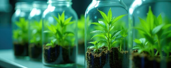 GM plants in sterile lab jars, vibrant green shoots , stem, biotechnology research