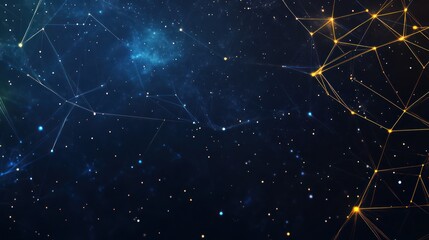 Abstract background with blue and yellow low poly shapes connected by glowing lines on dark starry night sky. High quality photo --ar 16:9 --v 6.1 Job ID: 863965c5-491f-4e41-8d77-14ffb5b8d8e1
