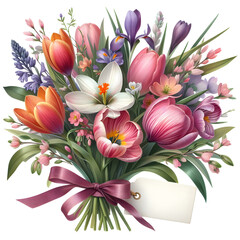 Obraz premium Mother’s Day bouquet with tulips, hyacinths, crocuses, and narcissus, Perfect for Valentine’s, Women’s Day, birthday, or spring themes isolated on transparent background