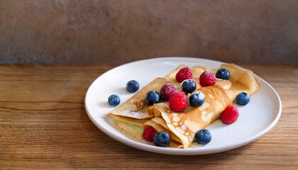Generated image - delicious crepes with blueberries, raspberries and syrup on wooden table, flat lay; space for text food photography concept in cafe
