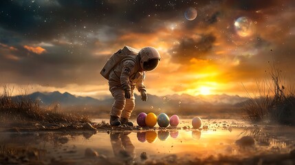 An astronaut discovering alien Easter eggs on a distant planet. ultra-realistic, photo-realistic, highly detailed, 