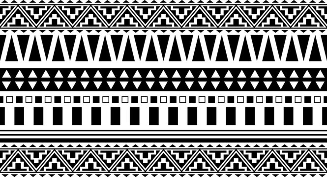 Tribal ethnic seamless pattern in black and white. Set of seamless Indian patterns. Ethnic seamless ornament, border, frame. Endless ethnic ornament Maya, Inca, Aztec, Peru, Brazil, Mexico, Guatemala.