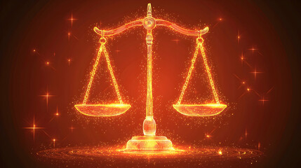 Glowing scales of justice against a dark red background; concept of law, balance, and fairness; ideal for legal websites or presentations