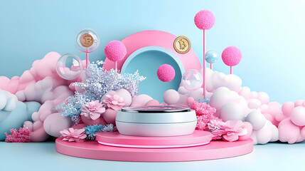 Pastel product display platform with Bitcoin, fluffy clouds, and pastel flowers; ideal for cosmetics or cryptocurrency ads