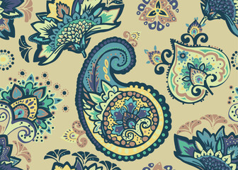 Seamless paisley pattern in Oriental style with floral and ethnic motifs for printed fabric, wallpaper, and packaging