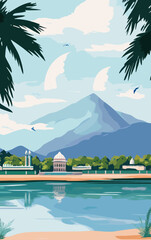 Naklejka premium Vintage Coimbatore Tourism Poster with Scenic Indian Landscape and Mountain View