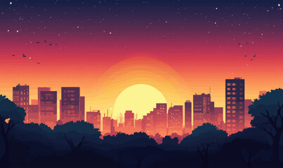 Fototapeta premium Minimalistic Flat Vector Illustration of Sunset Over City Skyline with Trees Silhouette