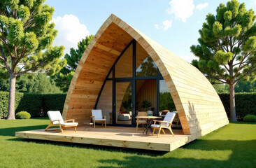 Fototapeta premium Modern wooden a-frame cabin with outdoor chairs in sunny garden setting