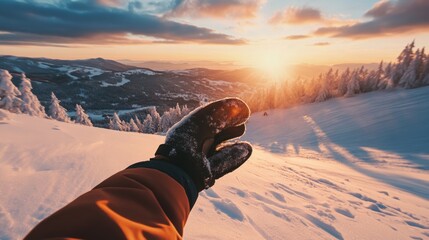 Hand in winter gloves reaching towards a beautiful winter sunset over snow-covered mountains.