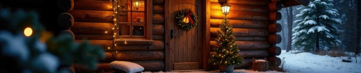 Twinkling lights and garlands adorn the cabin's rustic wooden door, festive, cabin