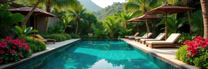 Luxury resort pool, lush foliage, vibrant flowers, tropical escape, green, photography