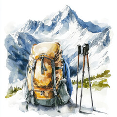 Illustration with backpack ready for mountain adventure feels inspiring