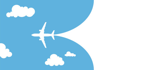 Simple airplane travel opens the background behind itself. Plane journey, romantic travel, tours, cruises, airport advertising, trip abroad on vacation, and plane routes vector illustration banner