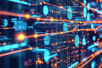 Fototapeta premium Glowing interconnected nodes depict data flow in blockchain ecosystem.