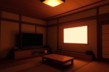Serene Japanese-Style Room Interior with Warm Lighting and Minimalist Design